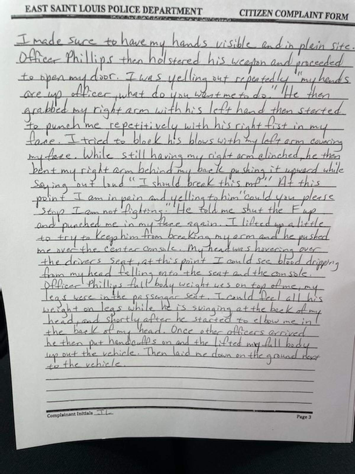 A picture of the second page of the written complaint that Jaylen Lacey filed against the East St. Louis Police Department on March 18