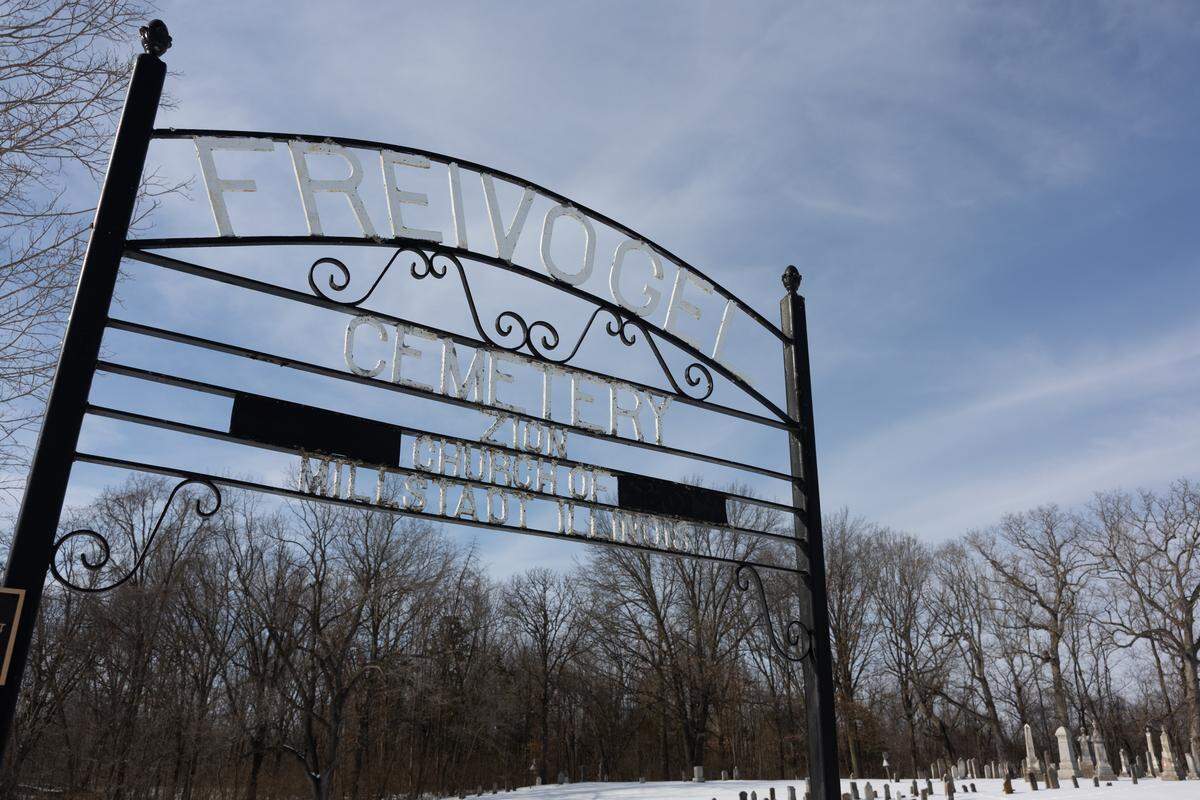Freivogel cemetery in Millstadt, where the original victims of the Saxtown murders are buried. A monument was also erected in Walnut Hill after locals refused to transfer the remains of the slain.
