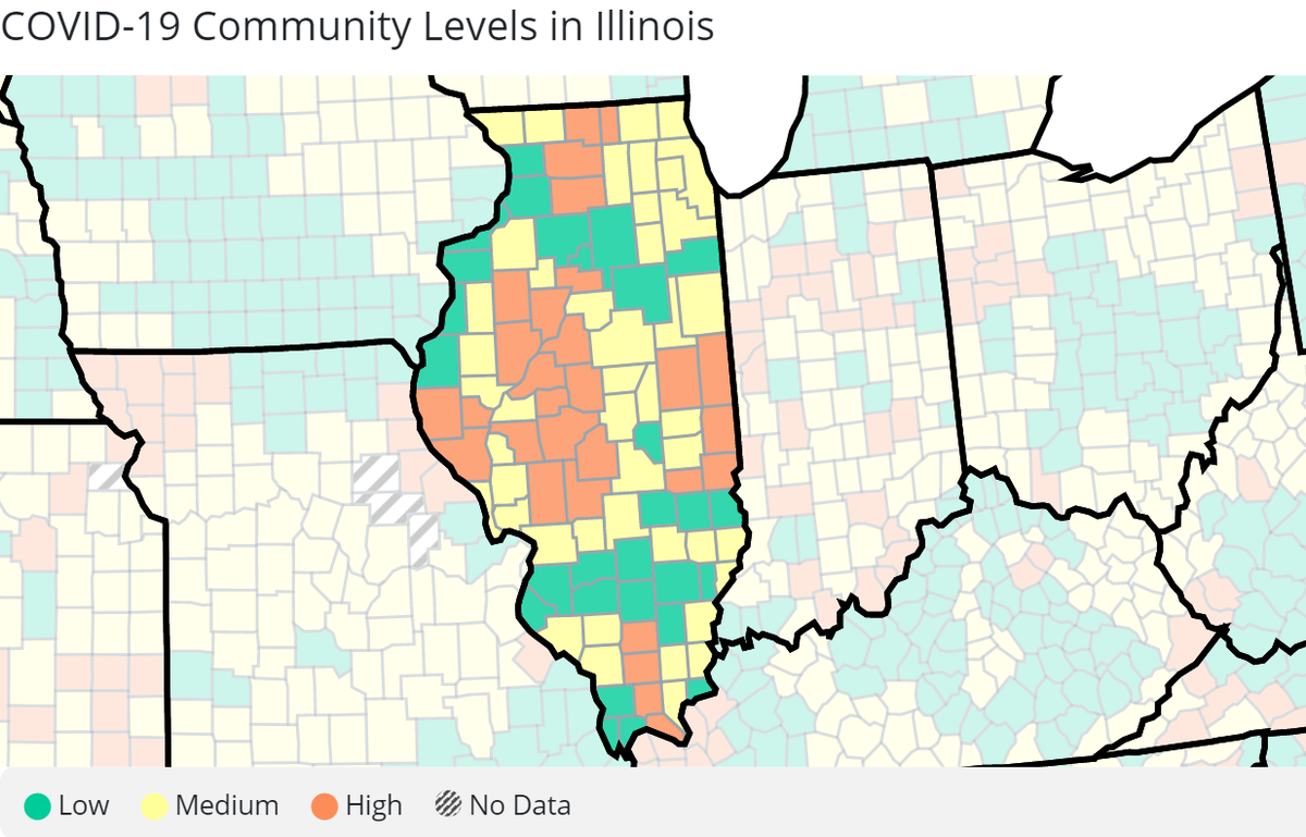 The U.S. Centers for Disease Control and Prevention rated 74 Illinois counties at elevated COVID-19 community levels in the latest update.