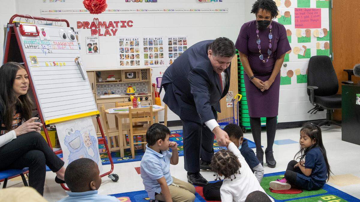 Illinois Gov. J.B. Pritzker and Lt. Gov. Juliana Stratton visited with students at Vivian D. Adams Early Childhood Center in East St. Louis. Pritzker’s visit was to show his priority for universal pre-kindergarten and showcase a current free, full-day, state certified Gold Circle of Excellence preschool program.