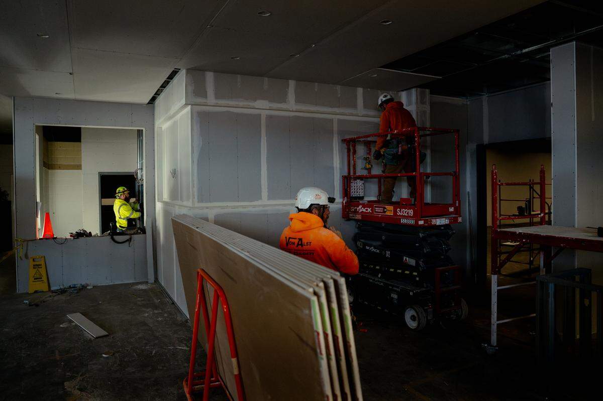 Workers build out renovations at Fairmount Park on Thursday, Feb. 13, 2025, in Collinsville.