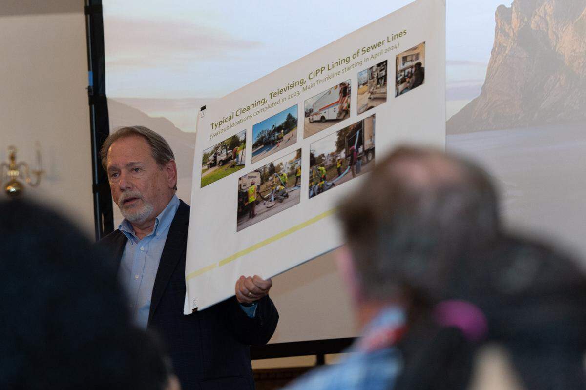 Jim Nold, senior project manager for Cahokia Heights’ engineering firm Hurst-Rosche, holds up a sign demonstrating the typical method of cleaning and inspecting sewer lines at a Cahokia Heights, Ill. town hall meeting on March 27, 2024. Nold explained the multi-million dollar project’s plan, citing the need to repair the city’s faulty sewer system.