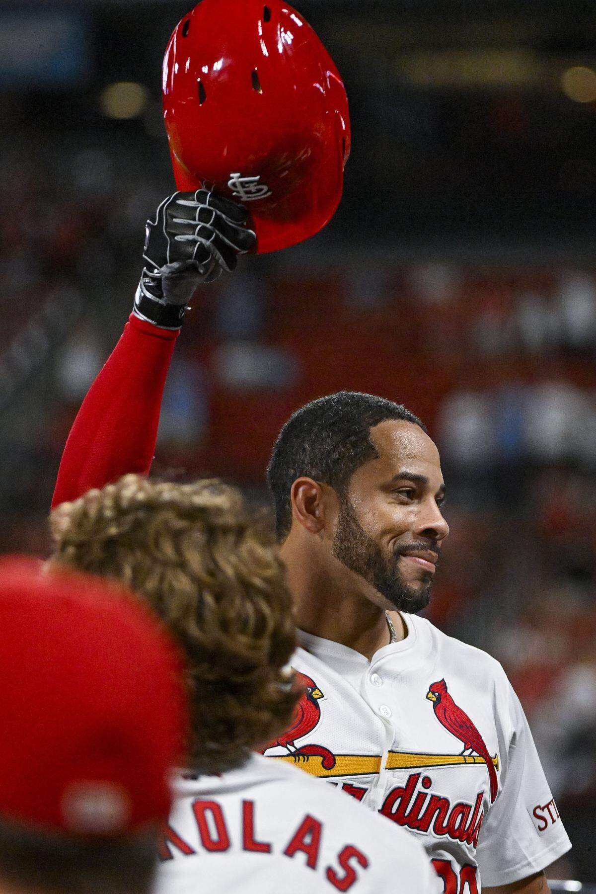 Jul 30, 2024; St. Louis, Missouri, USA;  St. Louis Cardinals pinch hitter Tommy Pham (29) salutes the fans as he receives a curtain call after hitting a grand slam home run against the Texas Rangers during the fifth inning at Busch Stadium. Mandatory Credit: Jeff Curry-USA TODAY Sports