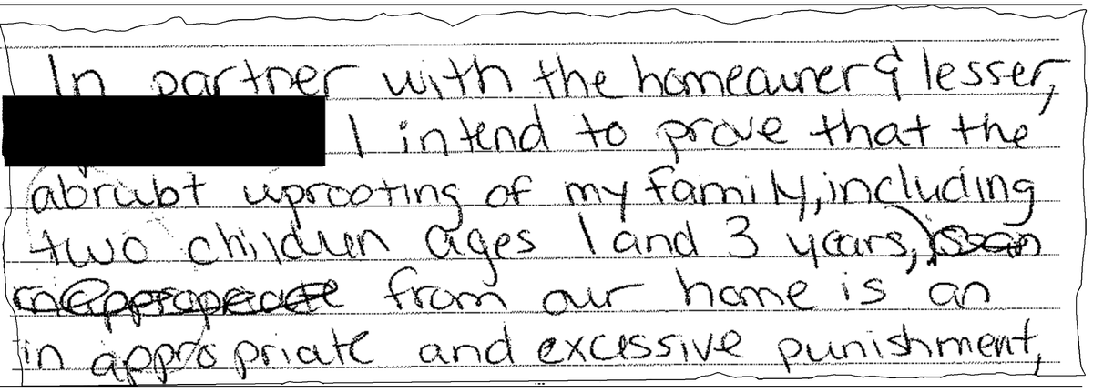 A family of four faced eviction in 2015 after a mother was charged with aggravated battery over a fight in a bar. This is an excerpt of the letter she wrote to the city to appeal the imminent eviction.