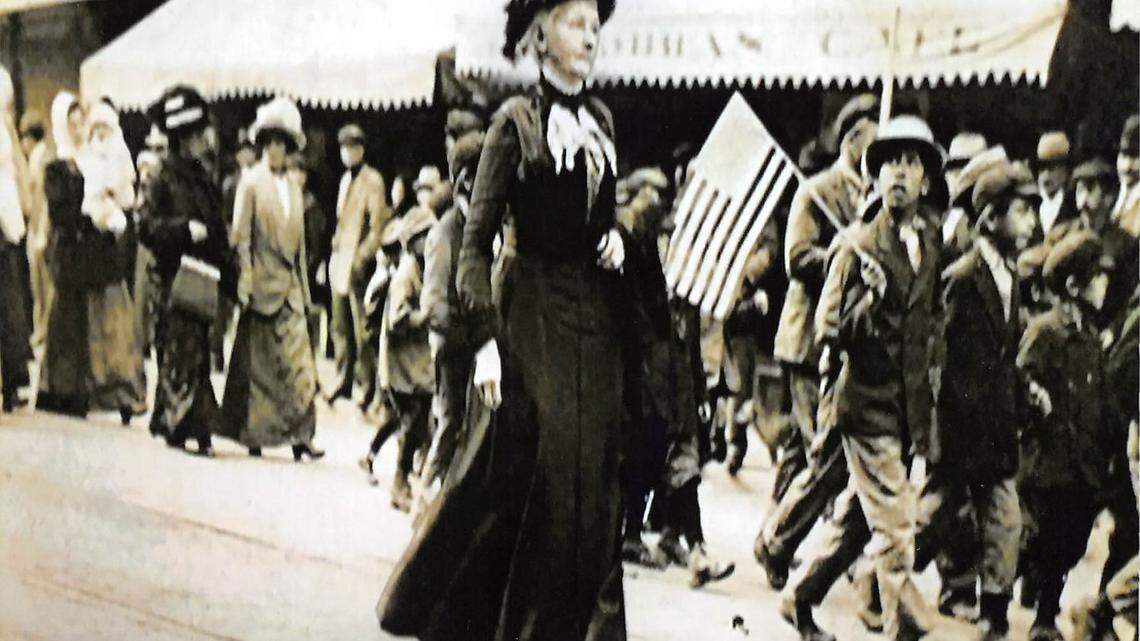 Mary Harris, aka Mother Jones, (1839-1930) in a parade that travelled from Springfield, Ill., through Belleville and on to points in southern Illinois to protest worker conditions.
