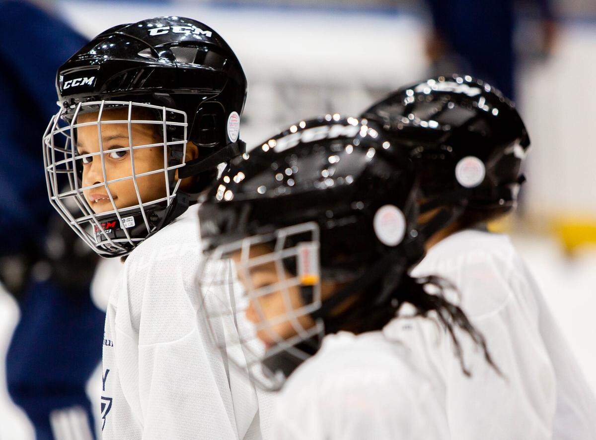 Harmony Jones, 6, of north St. Louis, looks towards her coach March 9 during a North City Blues practice at the Enterprise Center. The North City Blues is the St. Louis Blues’ newest youth hockey initiative launched to offers free after-school program to students ages 4-10 enrolled in KIPP Schools and/or Friendly Temple Christian Academy.