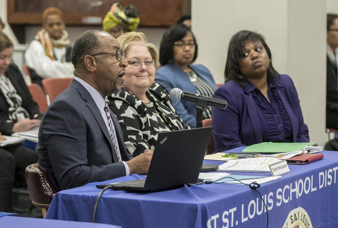 East St. Louis School District 189 Superintendent Arthur Culver, left, addresses members of the Illinois State Board of Education on Tuesday afternoon. Culver and other East St. Louis District 189 administrators gave a report to the Illinois State Board of Education on the district’s progress and goals.