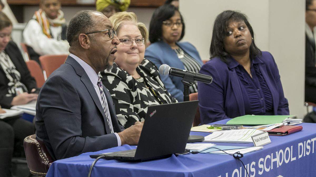 East St. Louis School District 189 Superintendent Arthur Culver, left, addresses members of the Illinois State Board of Education on Tuesday afternoon. Culver and other East St. Louis District 189 administrators gave a report to the Illinois State Board of Education on the district’s progress and goals.