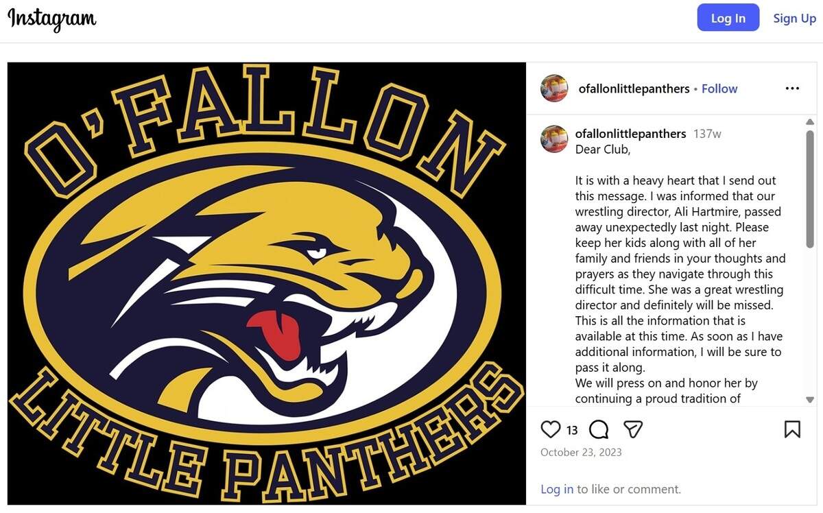 The O’Fallon Little Panthers sports club posted an Instagram notice about volunteer Allison Hartmire’s death in 2023. “She was a great wrestling director and definitely will be missed,” it stated.