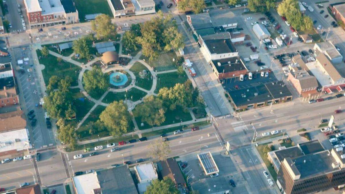 An aerial view of the Square in downtown Highland.