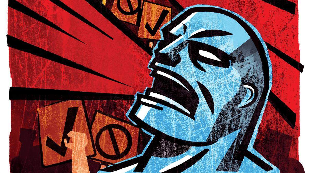 Neil Nakahodo color illustration of two people yelling about a political issue. Originally appeared in The Kansas City Star.
