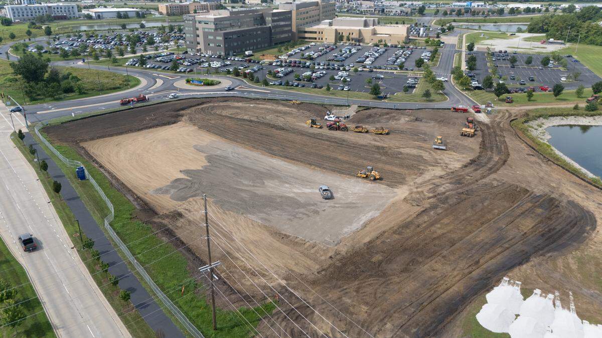 Drone shot showing the future location of a new surgical center and office building.