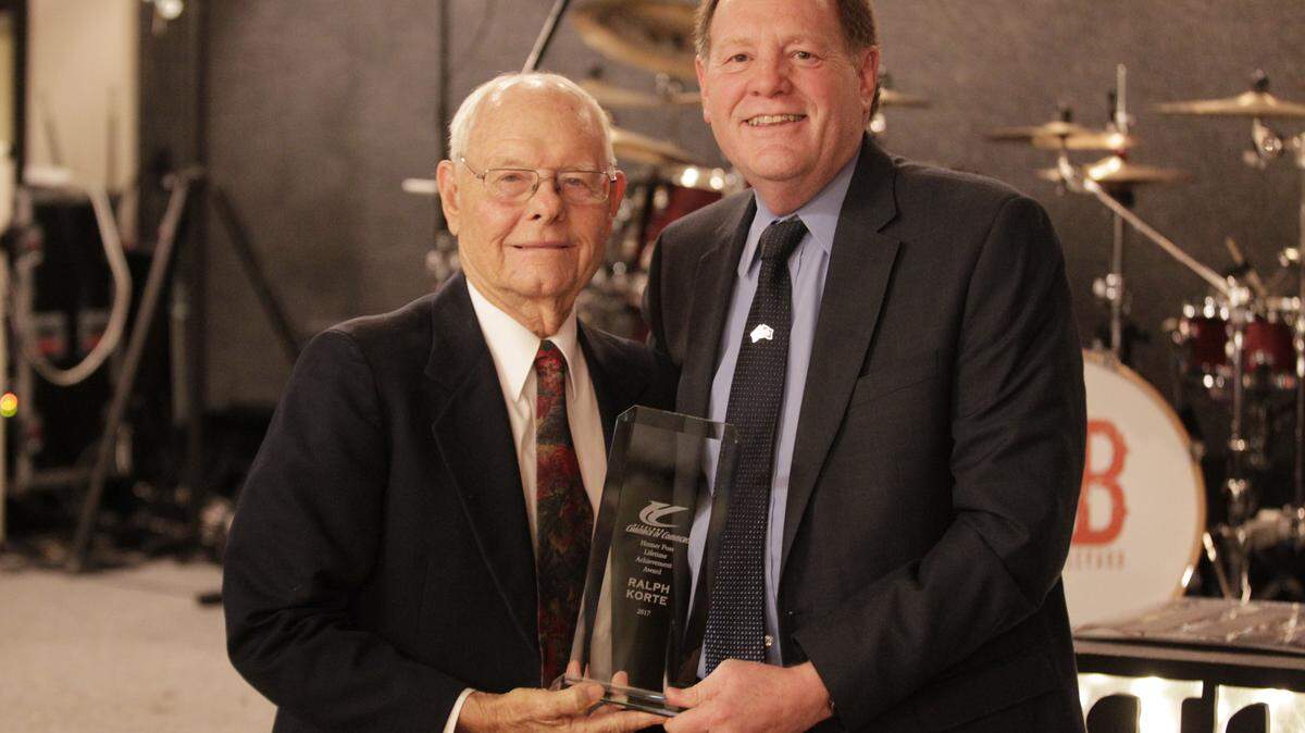 Howard Held, right, presents the Highland Chamber of Commerce Homer Poss Lifetime Achievement Award to Ralph Korte.