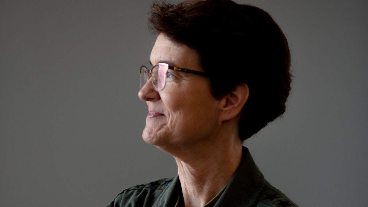Gen. Jacqueline D. Van Ovost on Wednesday, Nov. 30, 2022, at St. Louis Public Radio’s headquarters in Grand Center. Van Ovost, who is based out of Scott Air Force Base, is one of two current female four star generals in the Armed Forces.