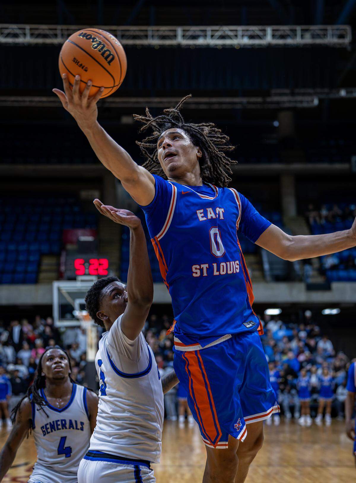 March 10, 2026 - Springfield, IL - East St. Louis Jamison White lays the ball up against MacArthur during Fridays IHSA Class 3A Super-Sectionals basketball game between East St. Louis and Decatur MacArthur.  [Photo: Jimmy Simmons]