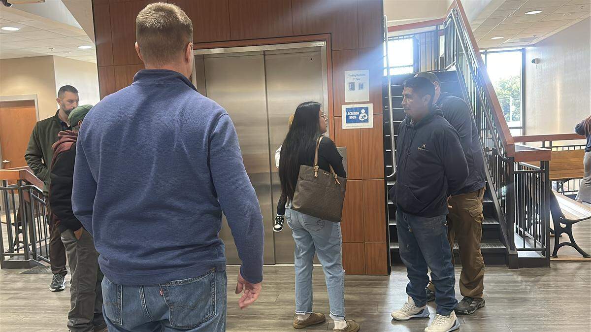 Jose Jeronimo Guardian, 48, was detained for deportation at the Clinton County Courthouse, 850 Fairfax St., in Carlyle, Illinois, on Monday, October 27, 2025. Men who arrested Guardian declined to identify themselves and took him out of the courthouse in handcuffs to an unmarked Dodge Durango. Guardian is undocumented and was attempting to go to a court date for charges unrelated to his immigration status.