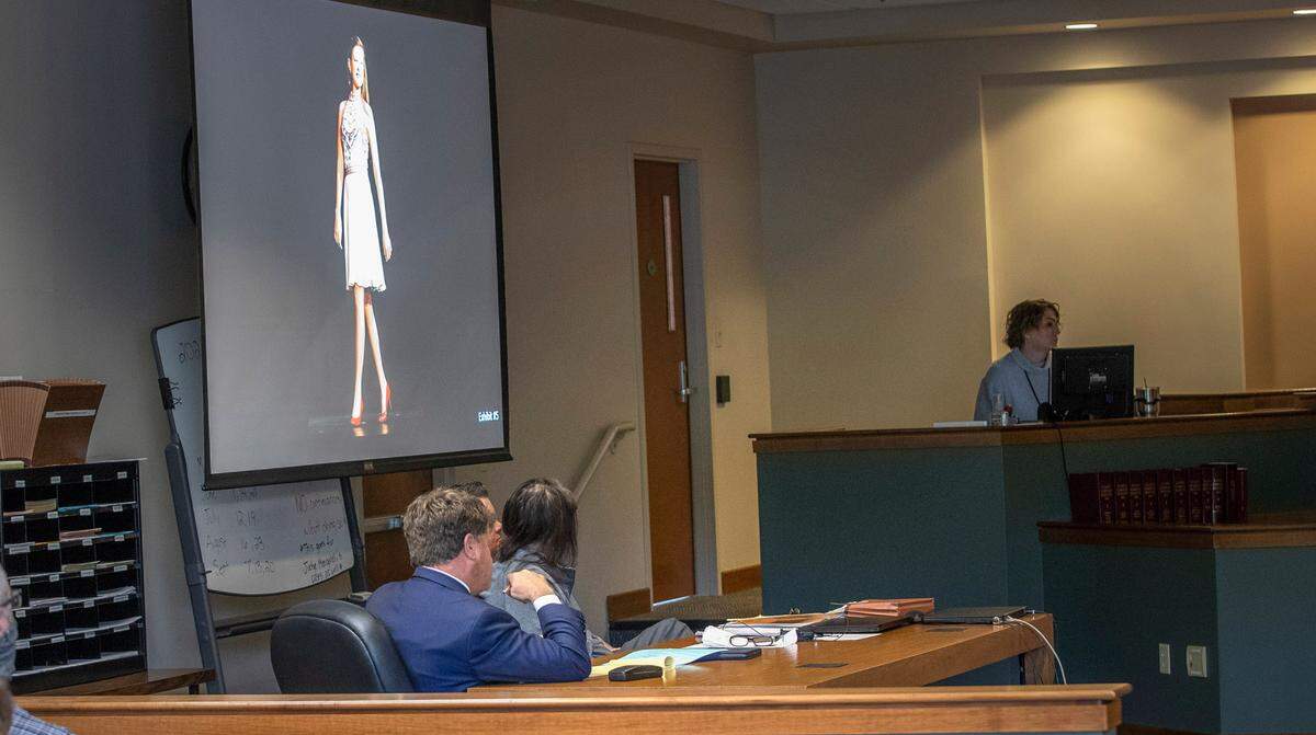 A photo of Emily Hampshire, who died at 14, is projected onto a screen above the defense table during a sentencing hearing for Amber Hampshire on Tuesday in Madison County Circuit Court.