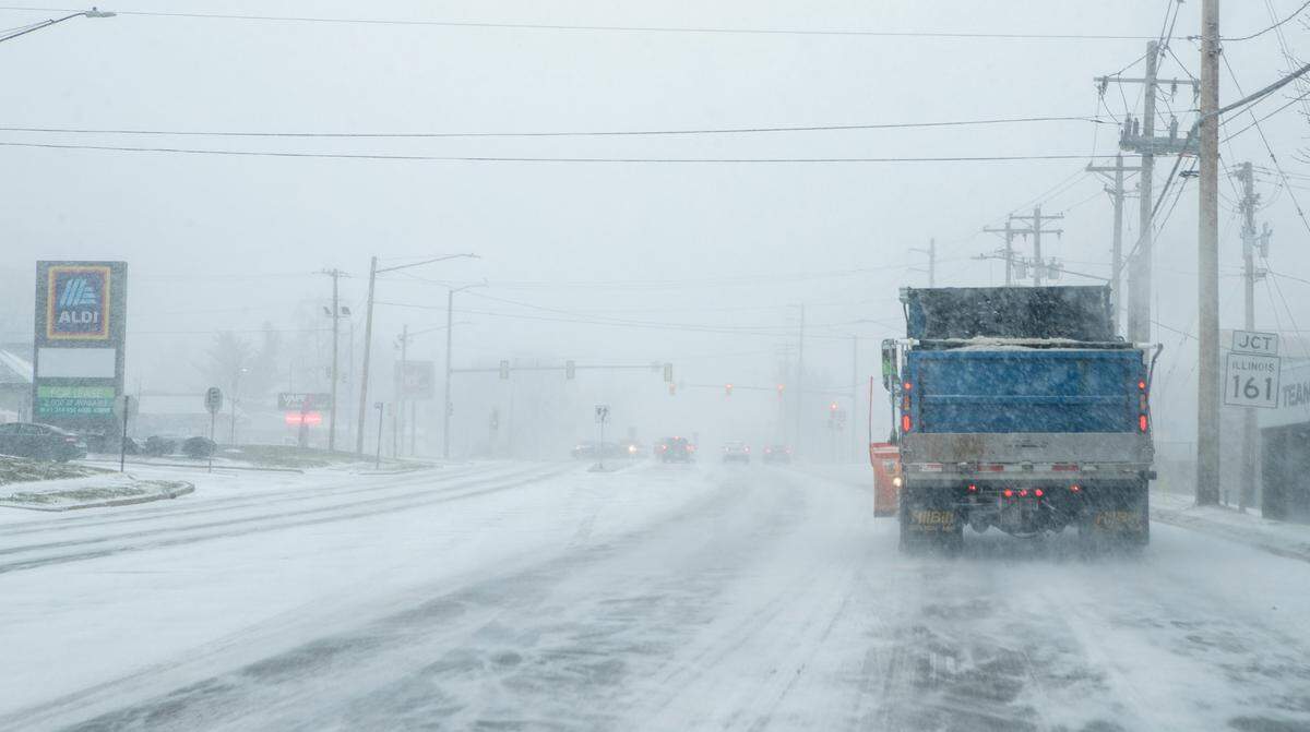 Gusty winds and snow made visibility and travel challenging at times on Illinois 159 through Swansea on Dec. 22. The metro-east is expected to receive another round of winter weather starting Tuesday night into Wednesday.