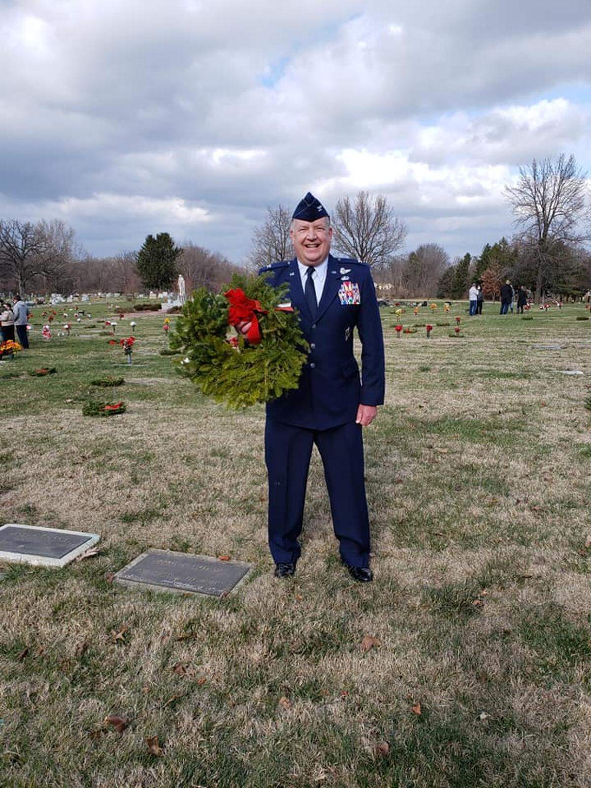 John “Woody” Almind places a special wreath in honor of retired Lt. Col. Jose Mendez, who died Dec. 1, 2020. “He was a big supporter of Wreaths Across America and will be dearly missed by all who had the honor of knowing him,” Almind said.