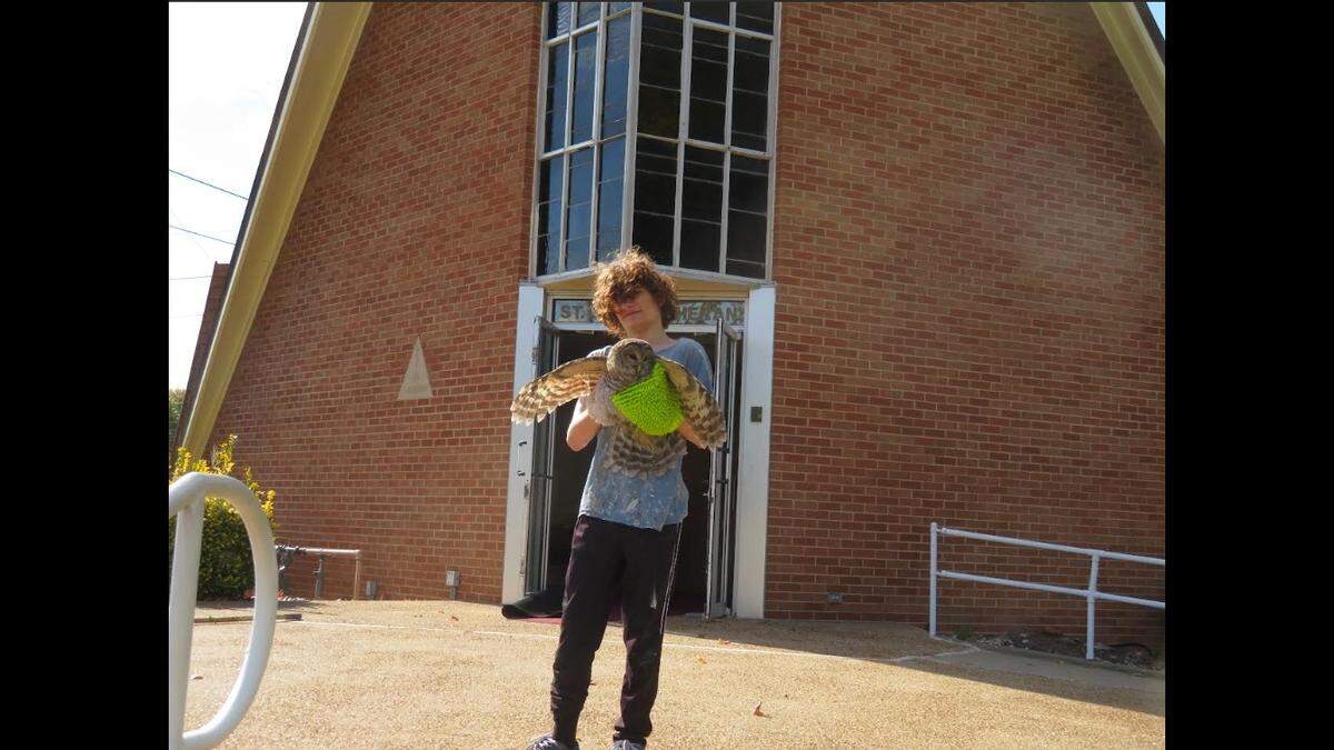 Naomi Link is shown outside St. John Lutheran Church in Granite City with an owl that the then-custodian rescued out of the basement. That was before she began dressing as a “cat maid” at work.