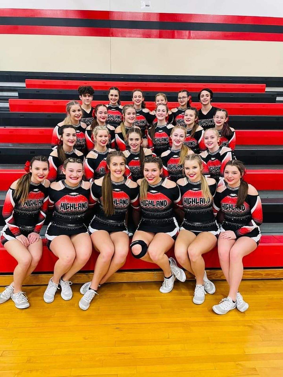 Pictured is the Highland varsity cheerleading team. First row, from left, Mya Iberg, Allison Reiling, Brittani Wellen, Rhea Fowler, Kady Shaw and Morgan Flesch; second row, Carolynn Parsons, Avery Miles, Kyleigh Buchen, Riley Mansholt, and Morgan Friesner; third row, Kara Shaw, Ava Allen, Lexie Fears, Chloe McTeer, Sophia Thomas, and Ava Lercher; fourth row, Cole Parsons, Avery Starwalt, Meaghan Wieseman, Rylee Thole, Emma Ethridge, and Collin Heldenbrand. The Highland varsity cheerleaders continued their winning streak by taking first place in the varsity coed division at the Highland Cheerleading Regional.