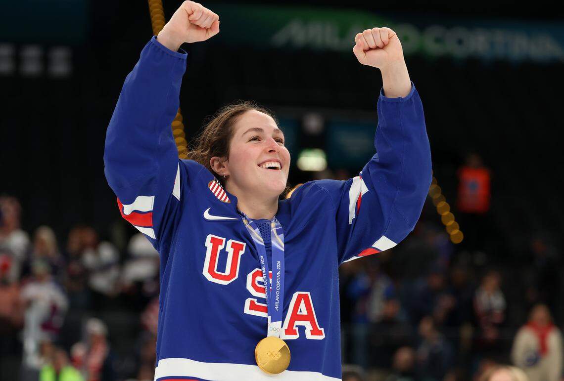 MILAN, ITALY - FEBRUARY 19: Gold medalist Abbey Murphy #37 of Team United States celebrates after the Women's Gold Medal match between the United States and Canada on day 13 of the Milano Cortina 2026 Winter Olympic games at Milano Santagiulia Ice Hockey Arena on February 19, 2026 in Milan, Italy. (Photo by Gregory Shamus/Getty Images)