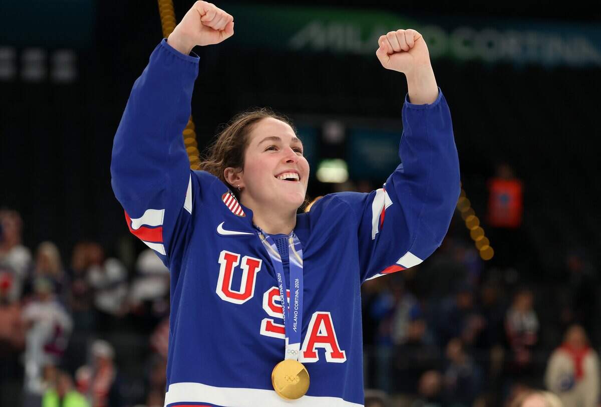 MILAN, ITALY - FEBRUARY 19: Gold medalist Abbey Murphy #37 of Team United States celebrates after the Women's Gold Medal match between the United States and Canada on day 13 of the Milano Cortina 2026 Winter Olympic games at Milano Santagiulia Ice Hockey Arena on February 19, 2026 in Milan, Italy. (Photo by Gregory Shamus/Getty Images)