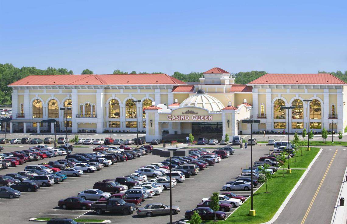 This file photo shows the Casino Queen in East St. Louis with a full parking lot, before it was shut down by the coronavirus pandemic.
