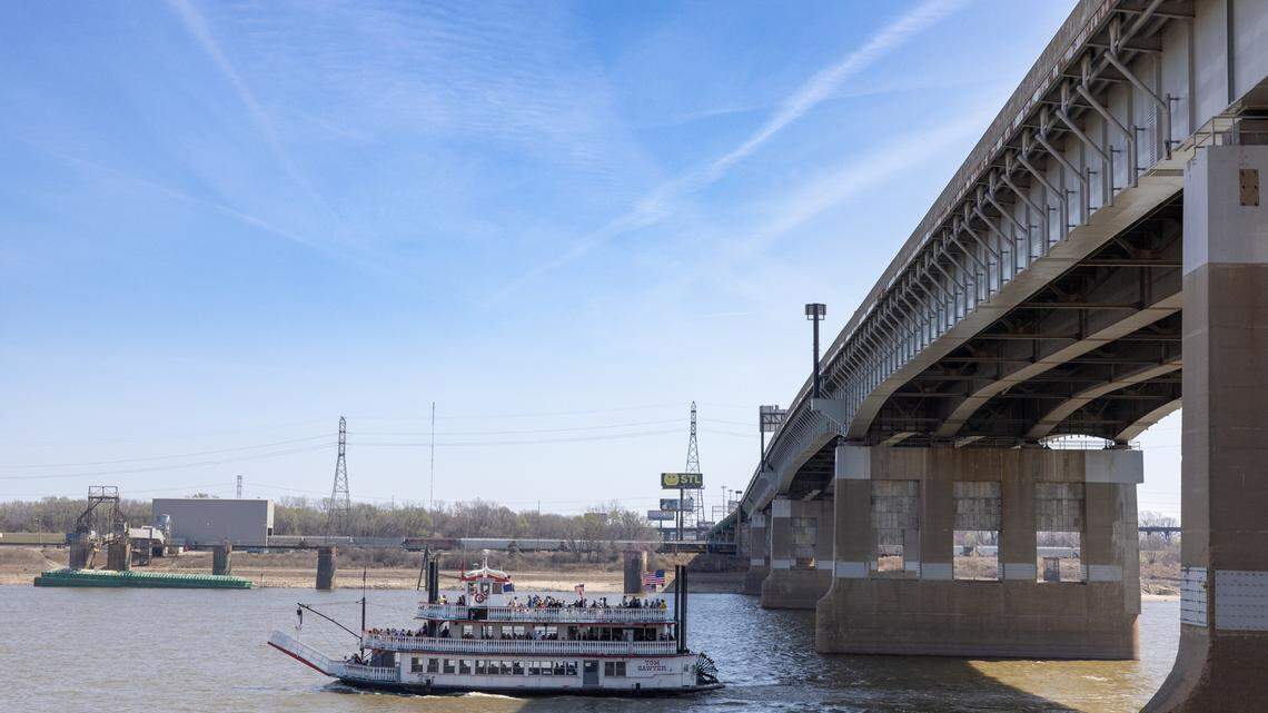 Looking eastbound on the Poplar St. Bridge into East St. Louis, Ill. from St. Louis, MO on March 12, 2024.