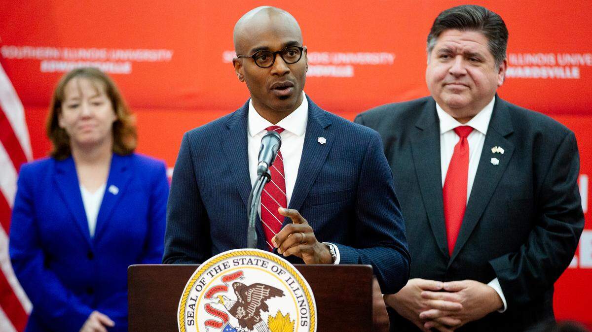 Chancellor James Minor speaks about the important of funding higher education while flanked by State Rep. Amy Elik (R-Alton) and Illinois Gov. JB Pritzker on Thursday, April 6, 2023, during a press conference at Southern Illinois University Edwardsville in Edwardsville.