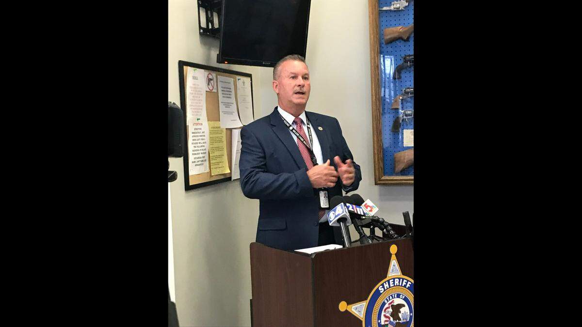 Maj. Jeff Connor, chief deputy sheriff with the Madison County Sheriff’s Department, speaks at a news conference Sunday afternoon about a double homicide that took place Saturday in Collinsville.
