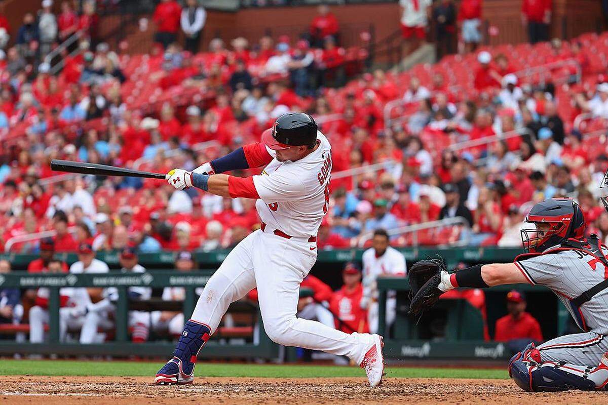 Nolan Gorman hits a solo home run against the Minnesota Twins in the seventh inning at Busch Stadium on March 30.