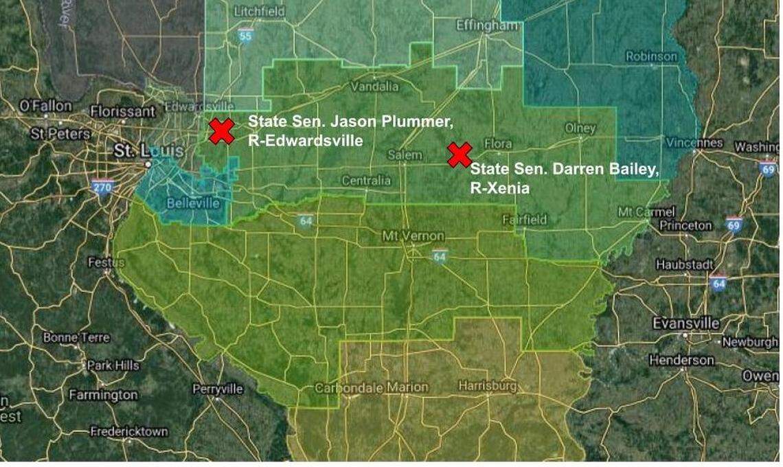 A map proposed by Illinois General Assembly Democrats on Friday, May 21 would draw Republican state Sens. Jason Plummer of Edwardsville (54th District) and Darren Bailey of Xenia (55th District) into the same district.