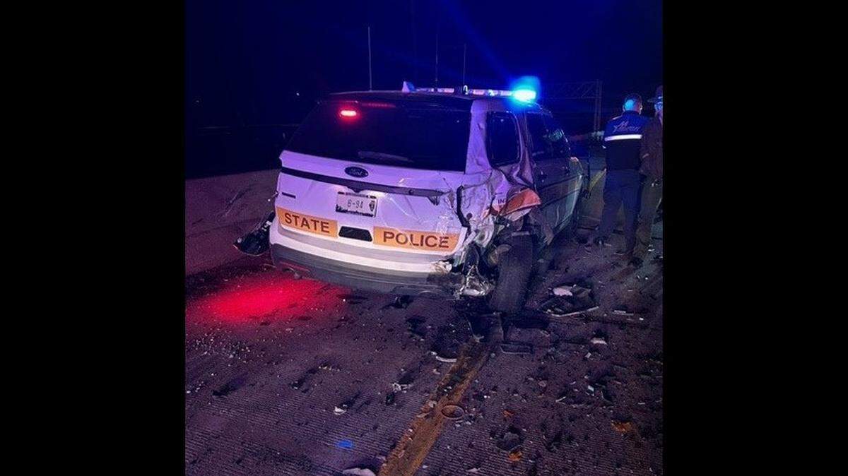 An Illinois State Police patrol car was struck Thursday on Interstate 55 in East St. Louis by a motorist who subsequently was charged with driving under the influence of alcohol.