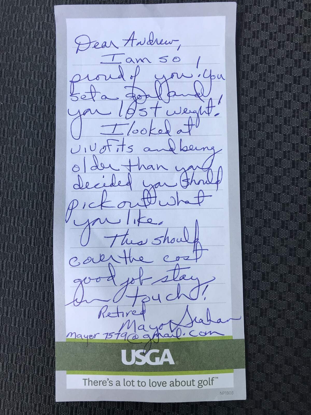 A letter from former O'Fallon Mayor Gary Graham, who moved to Florida since leaving his post as the town's leader last year, to Andy Ord, 13. When Andy was 'Mayor For A Day' last year on April 17, 2017, Graham struck a deal with the teen that if he lost 10 pounds in a year's time he would buy him a FitBit. The note was sent to Andy via the mail postmarked April 14, 2018 accompanied by an $80 check for his new FitBit step tracker watch.