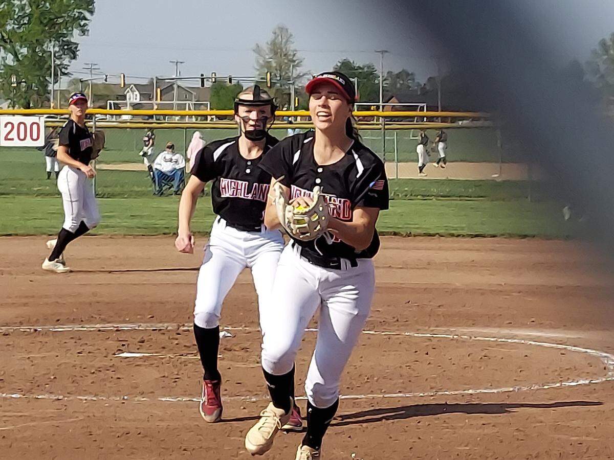 Highland second baseman Karli Dant hauls in an infield pop-up near the pitcher’s circle in an Mississippi Valley Conference game against Civic Memorial on Monday, April 24, at Highland High School. Dant and the Bulldogs ultimately posted a 9-5 victory.