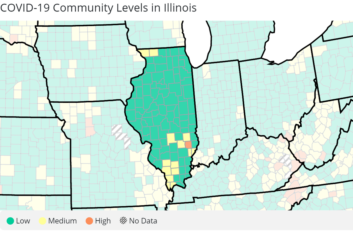 The U.S. Centers for Disease Control and Prevention rated 15 Illinois counties at elevated COVID-19 community levels in the latest update.