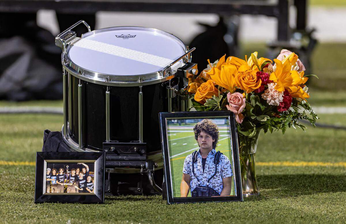 A memorial on the sideline of Goalby Field was arranged for Dalton Vonderheide, a Belleville West senior and percussionist for the Marching Maroons band who was killed in a three-vehicle crash in Missouri last week. 
