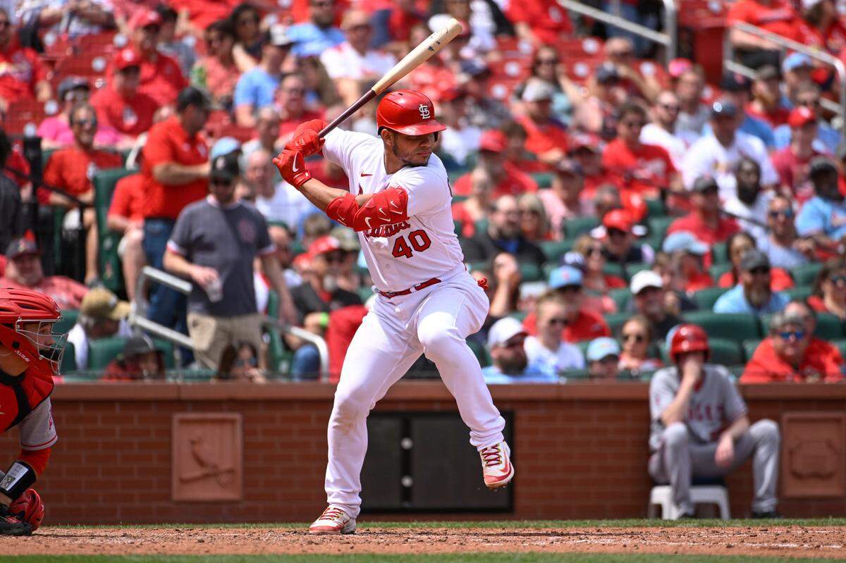 St. Louis Cardinals’ Willson Contreras (40) is pictured here at bat in the fifth inning against the Los Angeles Angels on Thursday May 4, in St. Louis. Contreras — the subject of an apparent demotion — drove in two runs Monday night in helping the Cardinals defeat his former team, the Chicago Cubs, 3-1.