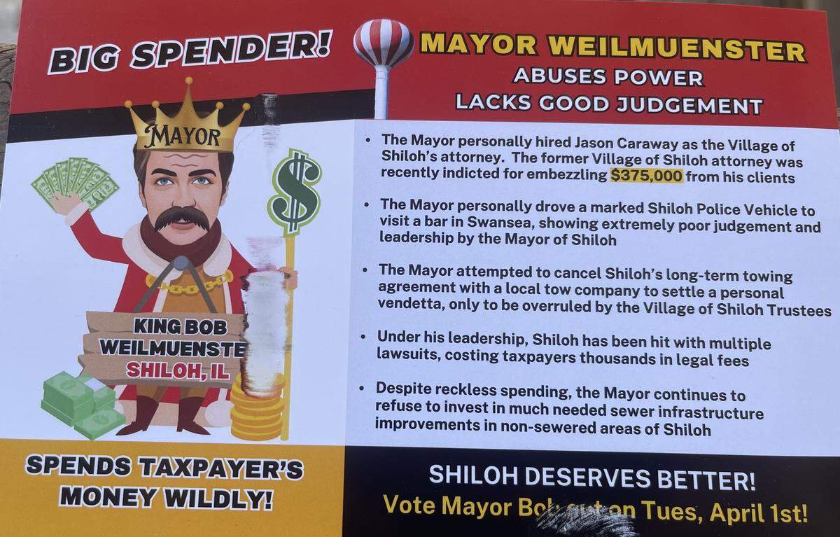 A campaign flyer that accuses Weilmuester of spending “taxpayer’s money wildly”does not include a disclaimer stating who funded printing and distribution of the materials, as is required by Illinois election rules.