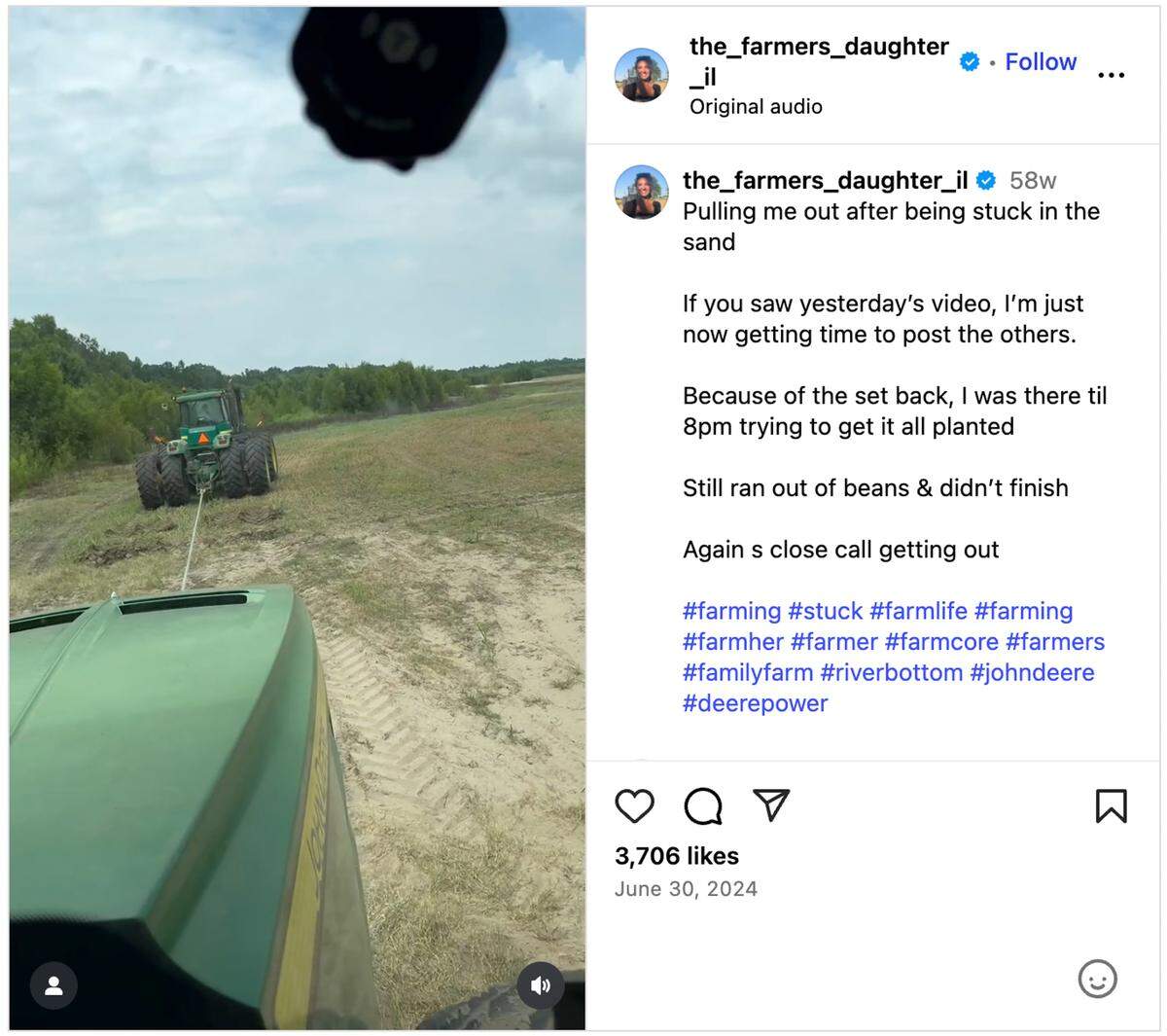 Renshaw posted on Instagram when her tractor was stuck in the mud in June 2024.