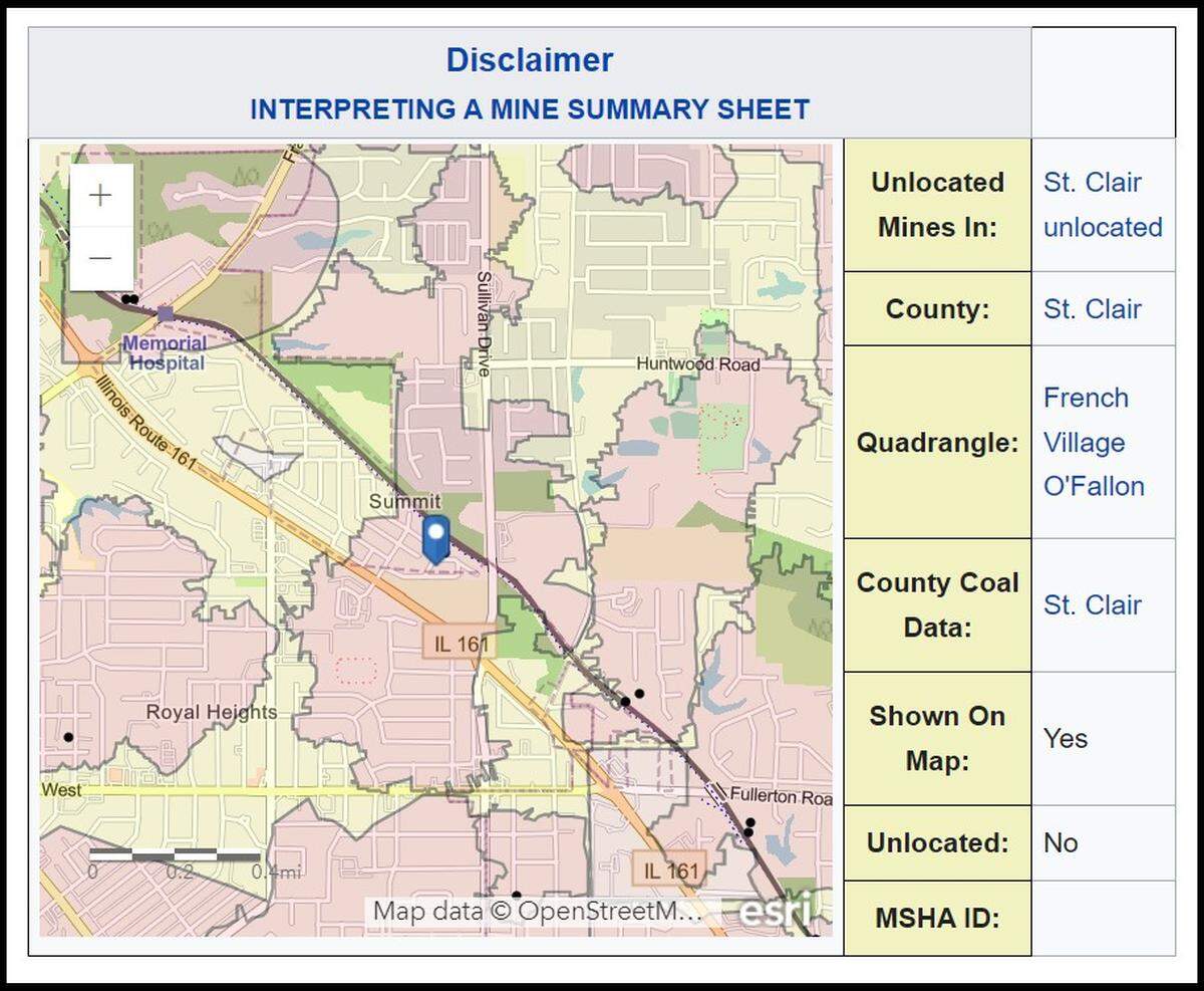 The blue arrow marks the location of the New Royal Mine, which operated on and off from 1900 to 1943, according to the ILMines Wiki database compiled by the Illinois State Geological Survey and University of Illinois Urbana-Champaign.