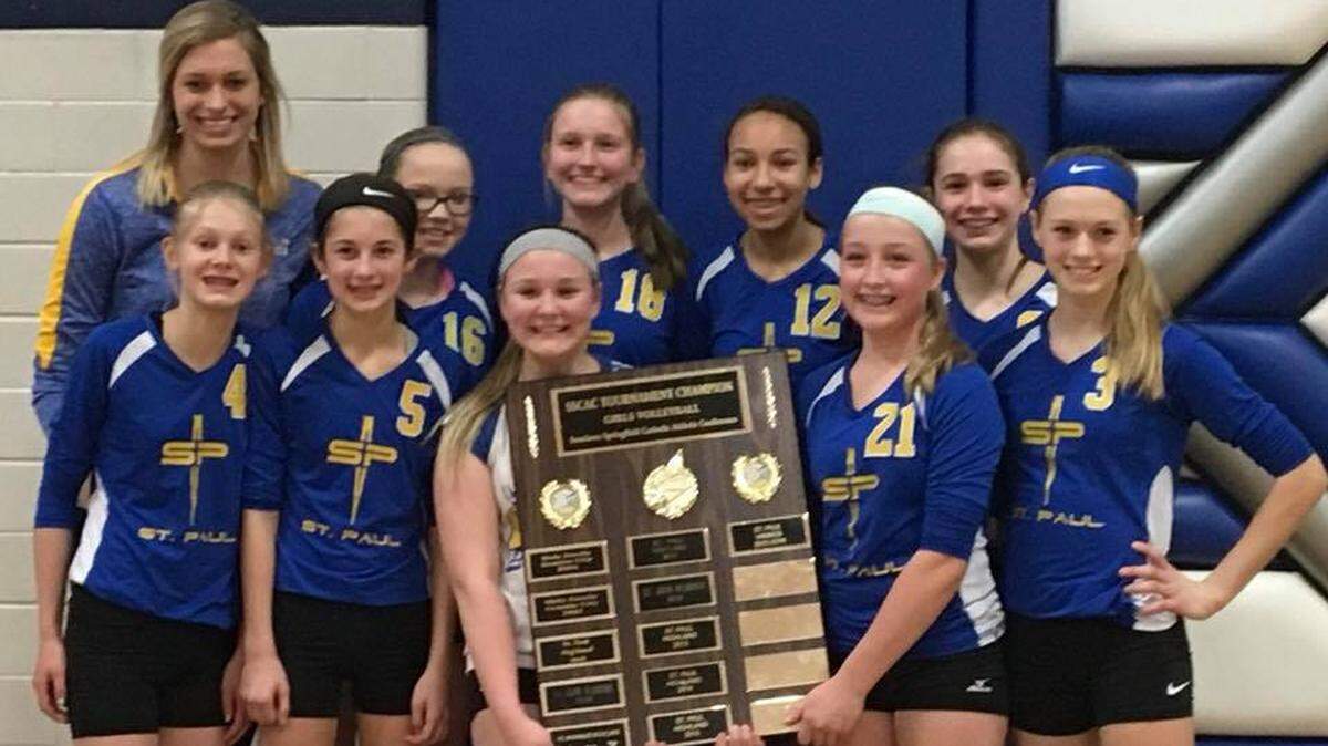 The St. Paul eighth-grade volleyball team won the Southern Springfield Catholic Athletic Conference championship for the sixth consecutive year. The Vikings consist of, front row from left to right, Carley Emig, Abby Huelsmann, Bailey Duncan, Faith Brinkley, Lydia Hadowsky; back row, Coach Kristen Torre, Alina Hoffmann, Abigail Holtgrave, Lilli Evans and Elena Schrof.