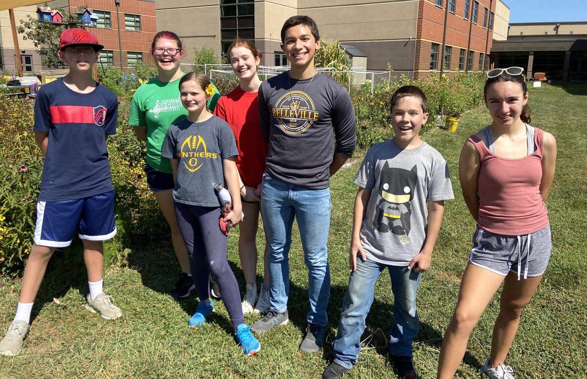 Carriel Junior High and O’Fallon Township High School students helped during a work day in the garden Saturday, Aug. 27. From left, Isaac Mellenthin, Morgan Lane, Ava Baldwin, CiCi Kimmel, Camden Kimmel, Orion Smith and Madison Hopper.