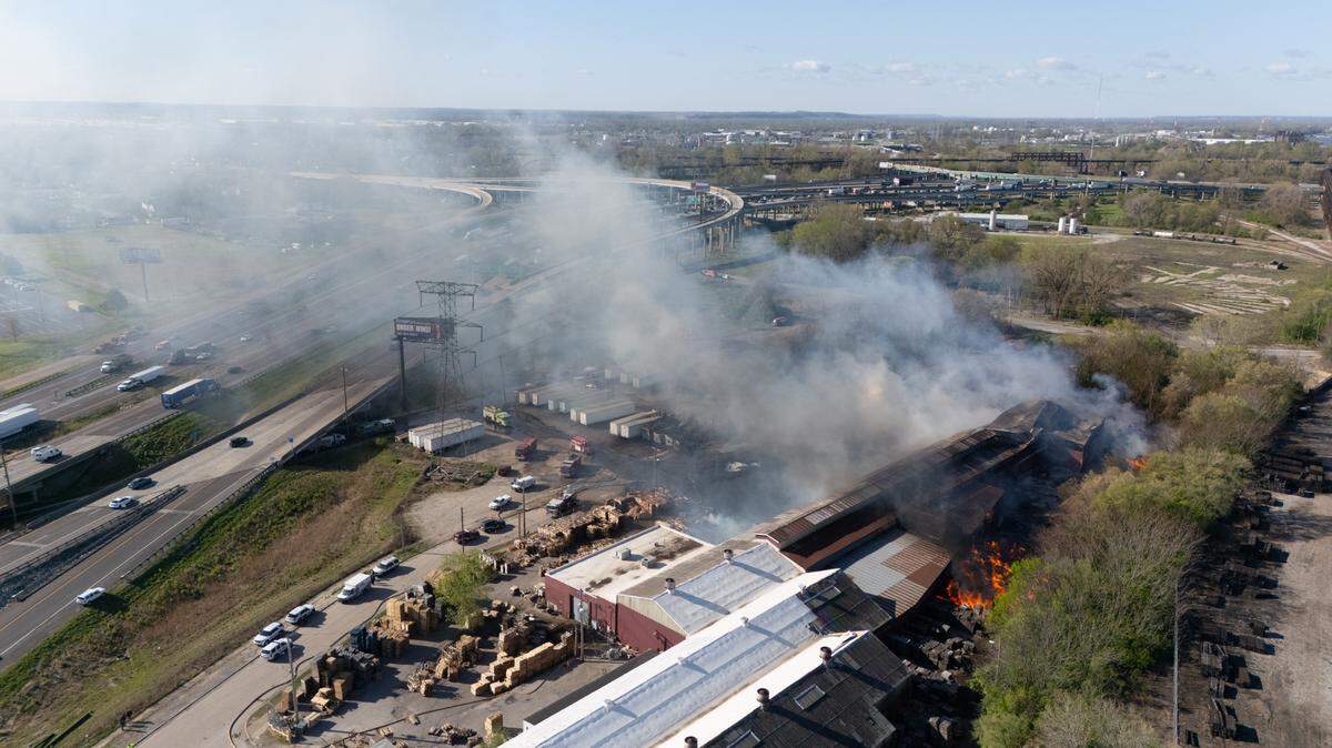 Drone photograph showing a fire at a pallet company in East St. Louis on Tuesday, April 15, 2025.