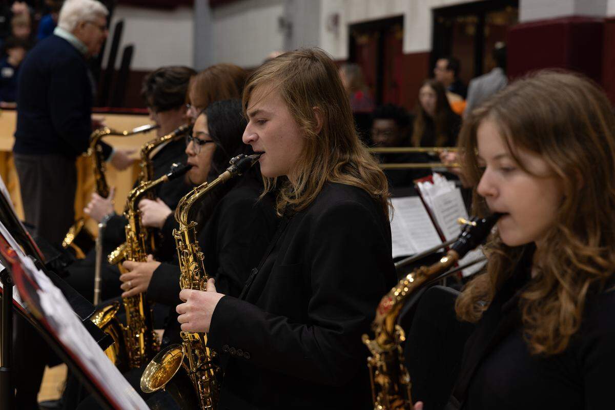 Belleville West’s jazz band performs during a naturalization ceremony at Belleville West.