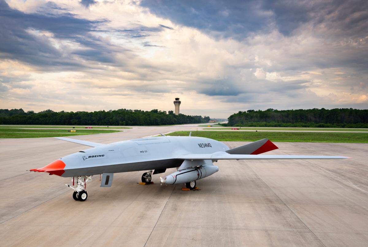 A test MQ-25 unmanned aerial-refueling aircraft is shown near the AVMATS hangar at MidAmerica St. Louis Airport in Mascoutah.