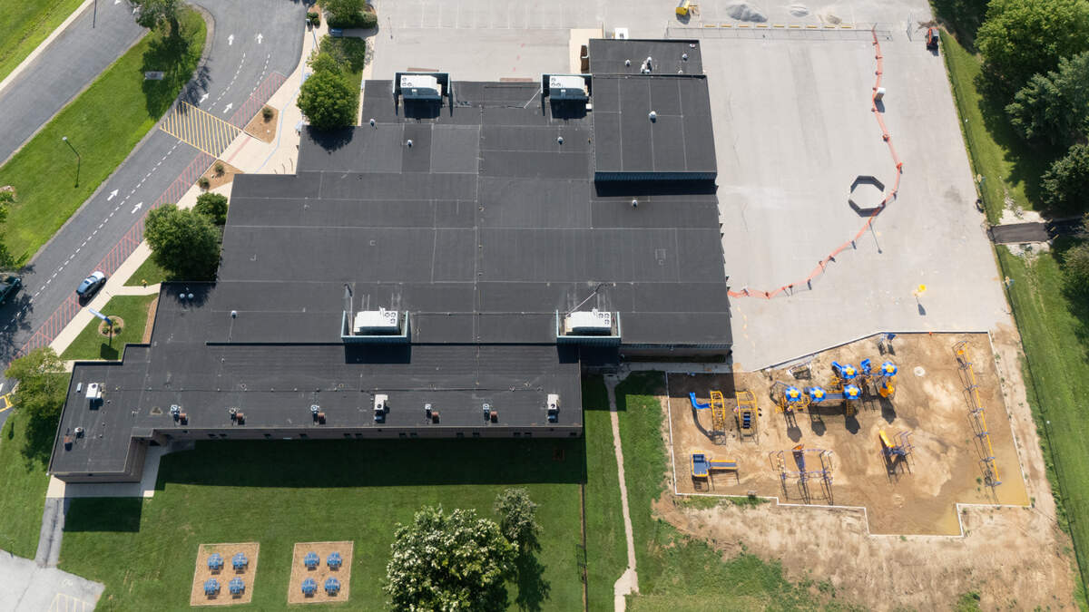 Drone photograph showing J. Emmett Hinchcliffe Sr. Elementary School in O’Fallon.