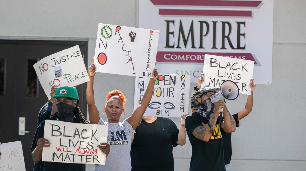 Empire Comfort Systems employees and other Black Lives Matter supporters march from the Empire plant to downtown Belleville in July 2020. It was their fourth protest against the company in five weeks.