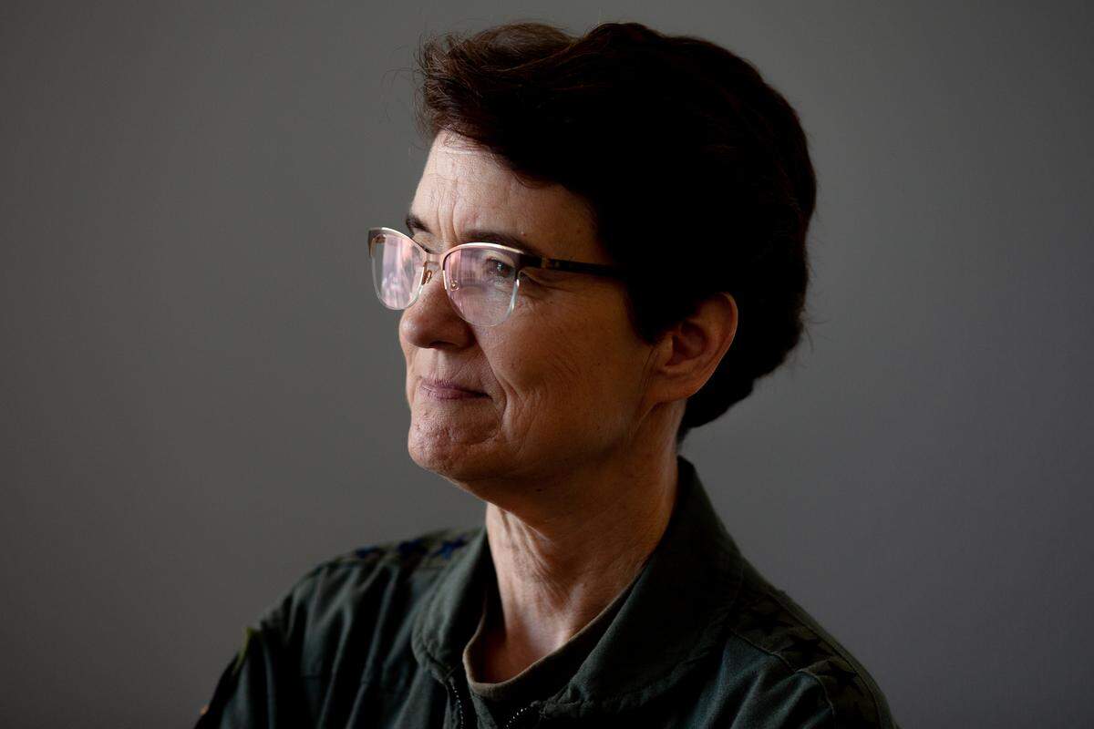 Gen. Jacqueline D. Van Ovost on Wednesday, Nov. 30, 2022, at St. Louis Public Radio’s headquarters in Grand Center. Van Ovost, who is based out of Scott Air Force Base, is one of two current female four star generals in the Armed Forces.